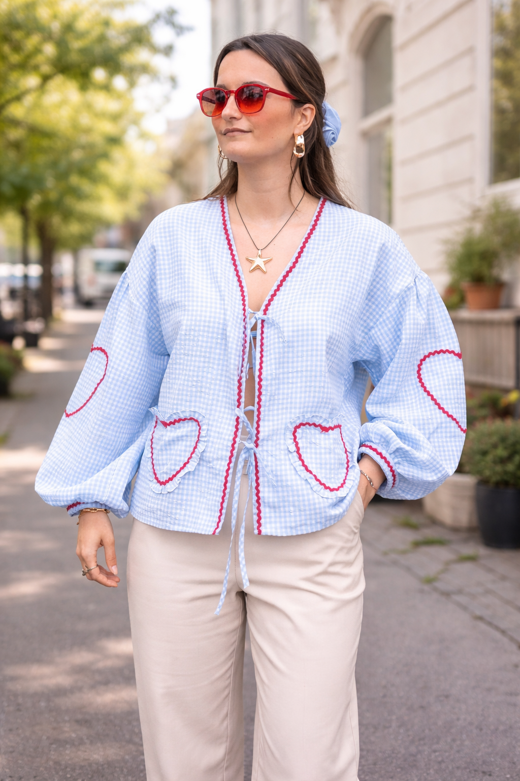 VELMIRA | HEART PLAID RUFFLED BLOUSE