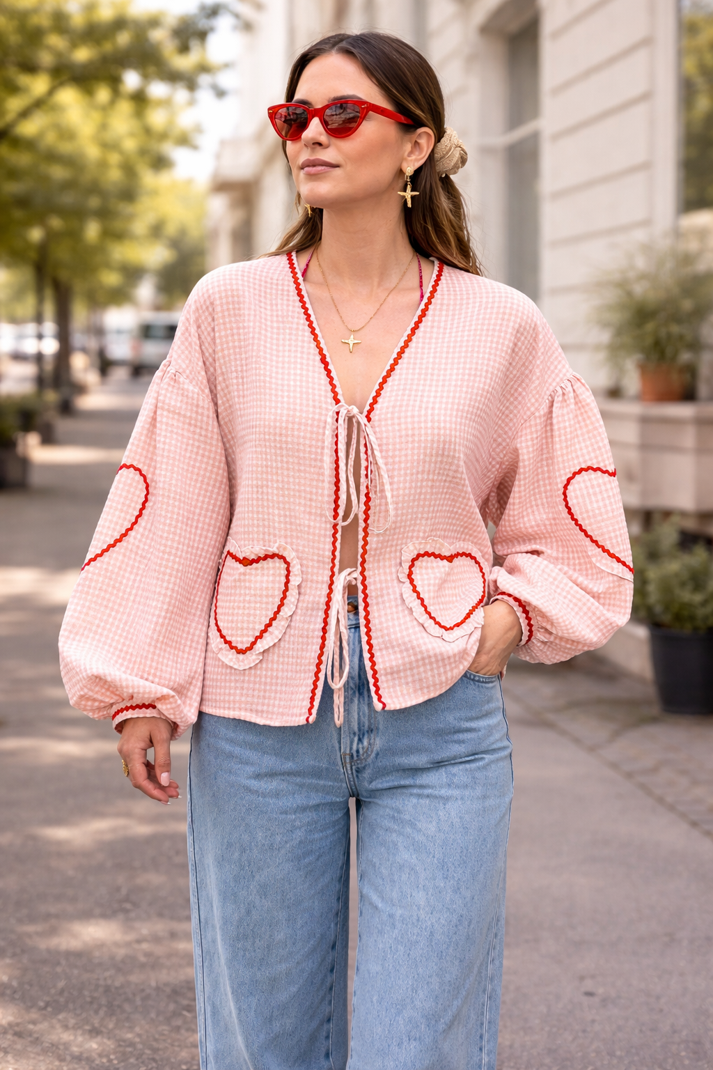 VELMIRA | HEART PLAID RUFFLED BLOUSE