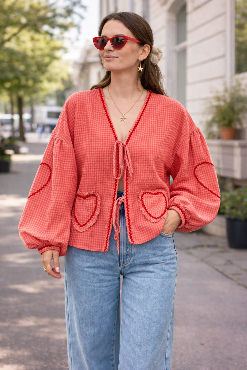 VELMIRA | HEART PLAID RUFFLED BLOUSE