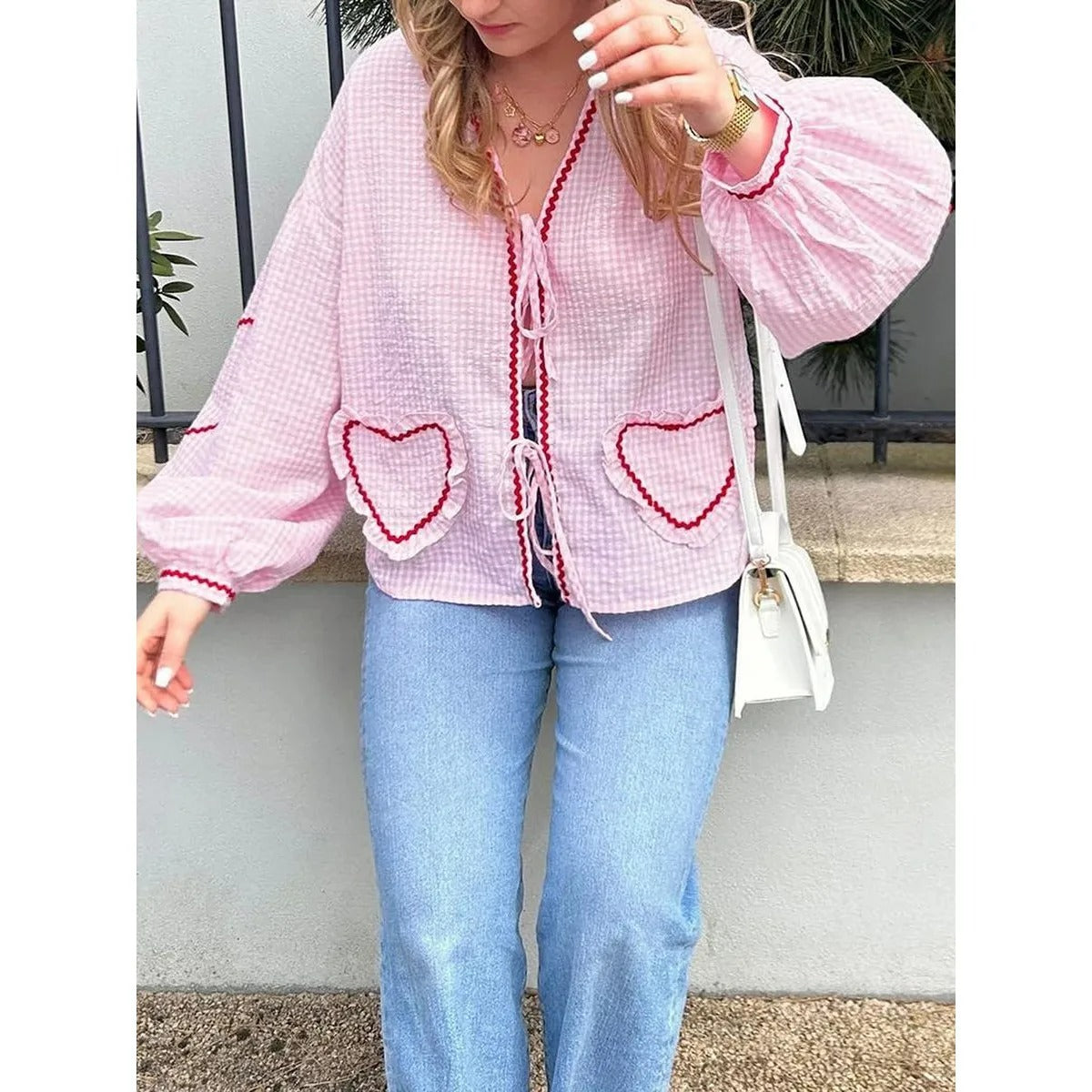 VELMIRA | HEART PLAID RUFFLED BLOUSE