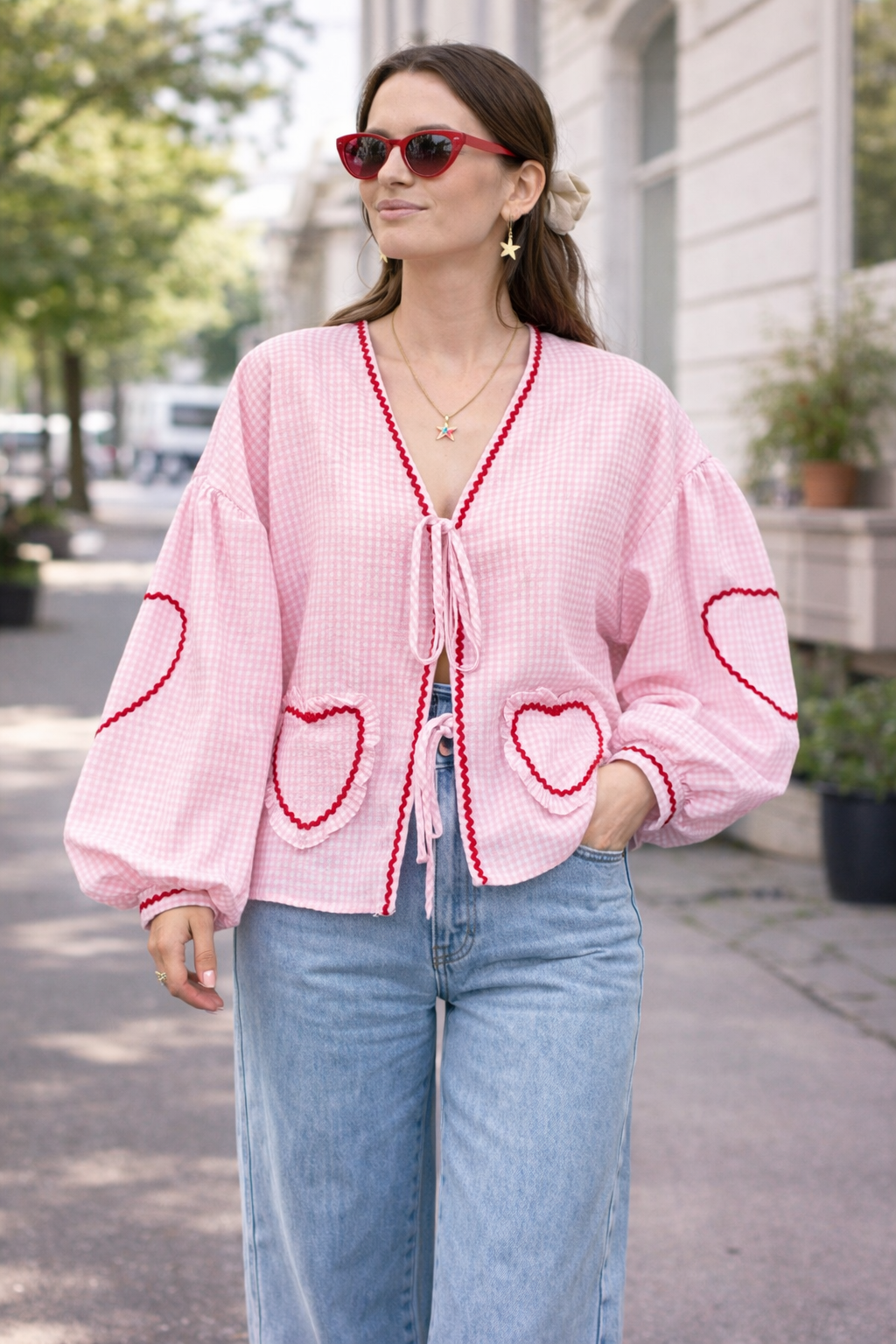 VELMIRA | HEART PLAID RUFFLED BLOUSE