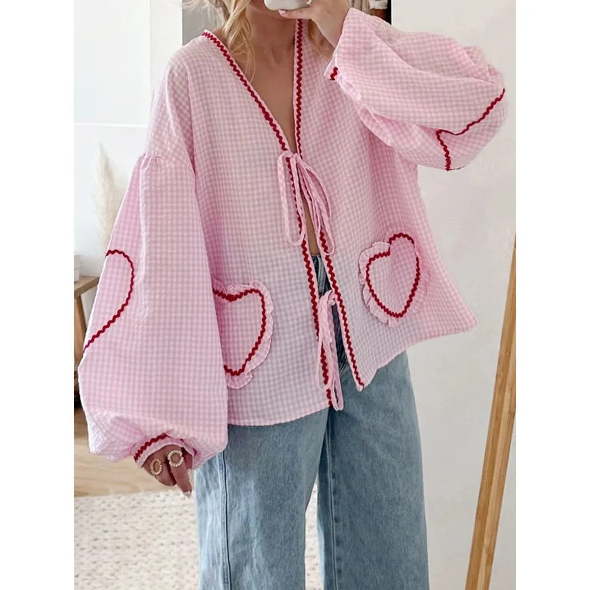 VELMIRA | HEART PLAID RUFFLED BLOUSE