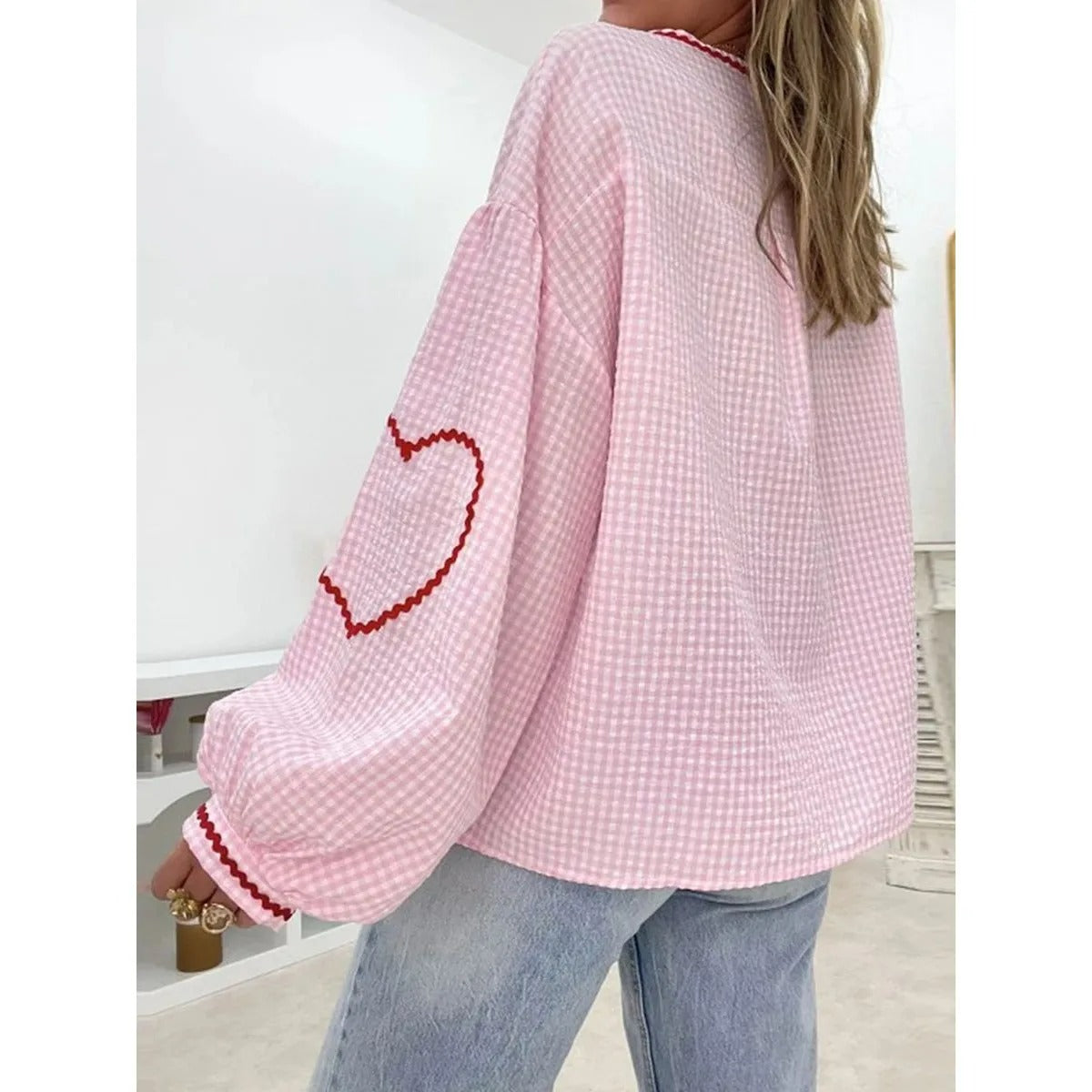 VELMIRA | HEART PLAID RUFFLED BLOUSE