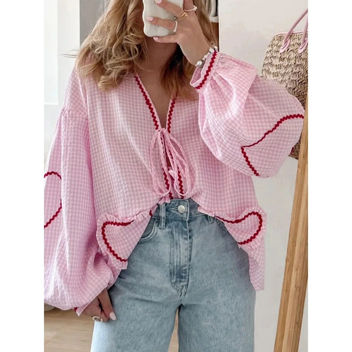 VELMIRA | HEART PLAID RUFFLED BLOUSE