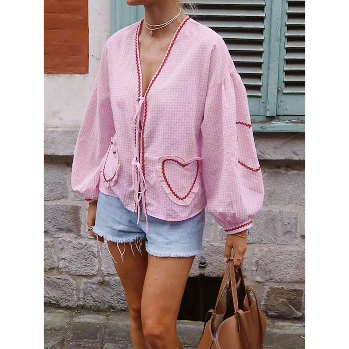 VELMIRA | HEART PLAID RUFFLED BLOUSE