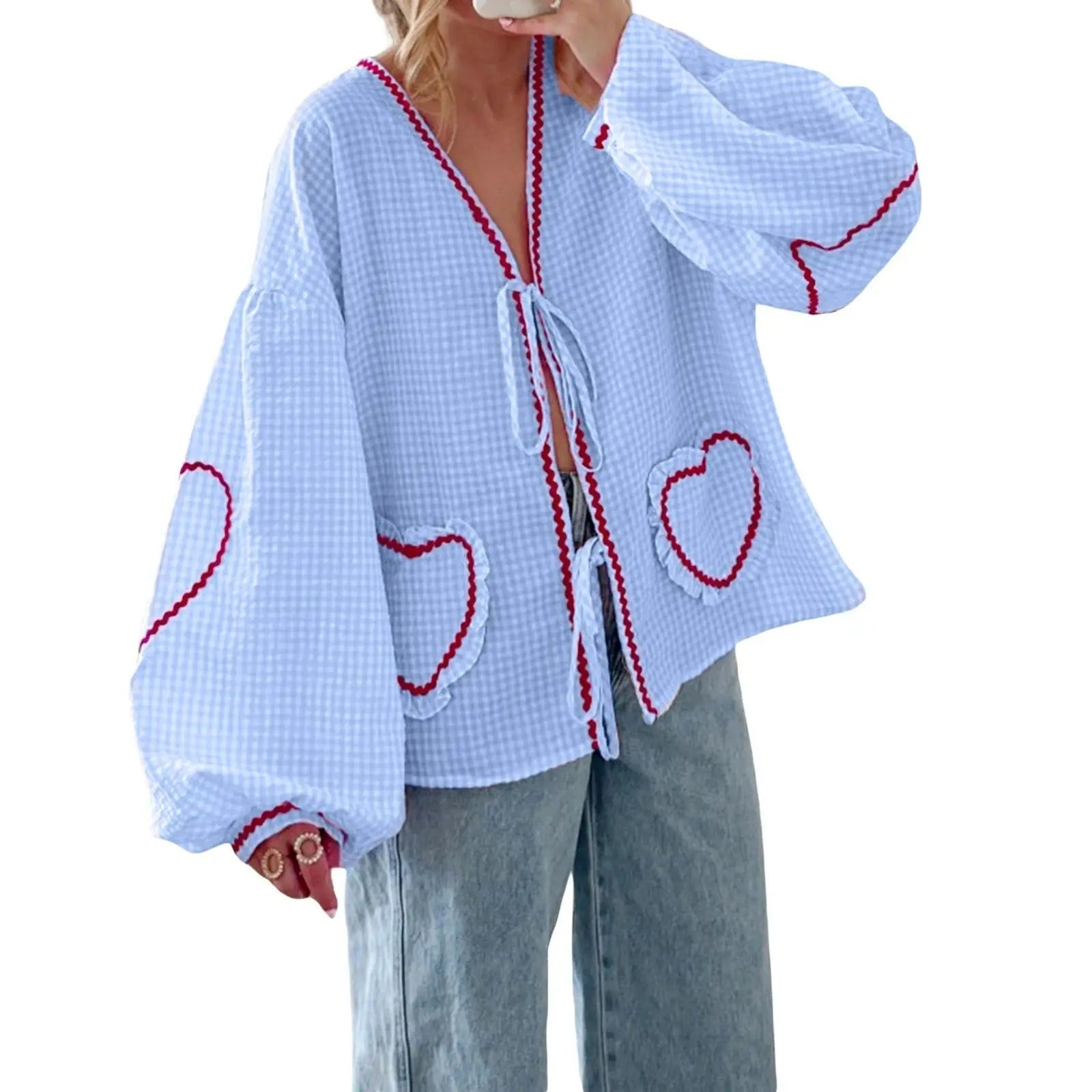 VELMIRA | HEART PLAID RUFFLED BLOUSE