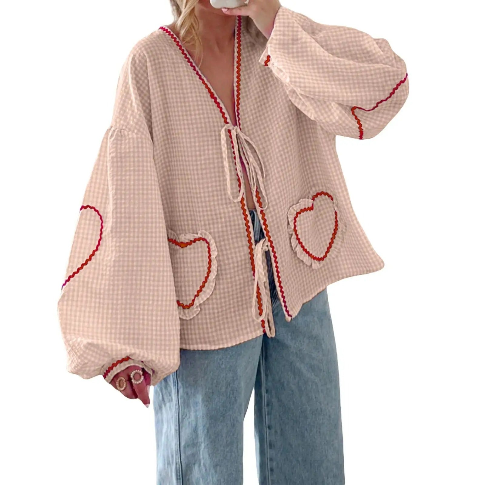 VELMIRA | HEART PLAID RUFFLED BLOUSE