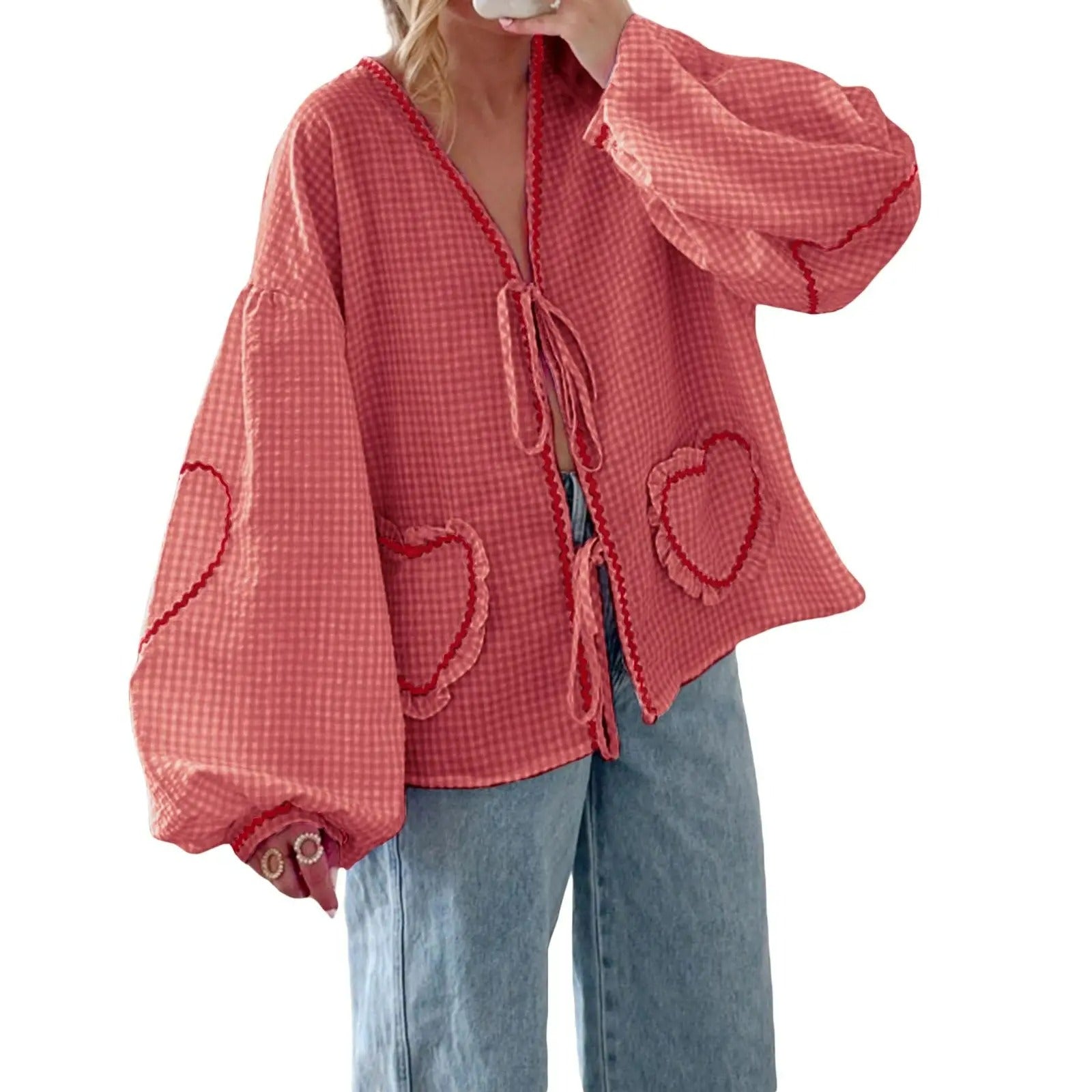 VELMIRA | HEART PLAID RUFFLED BLOUSE