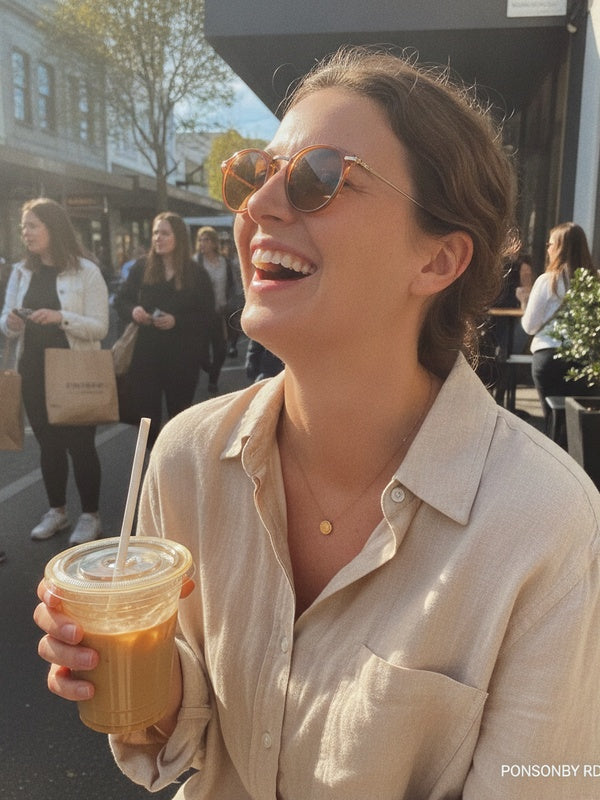 Candid laugh with iced coffee on Ponsonby Road Auckland