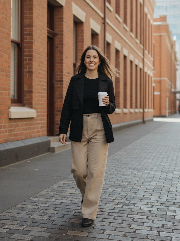 Britomart street style coffee stroll in black trench jacket